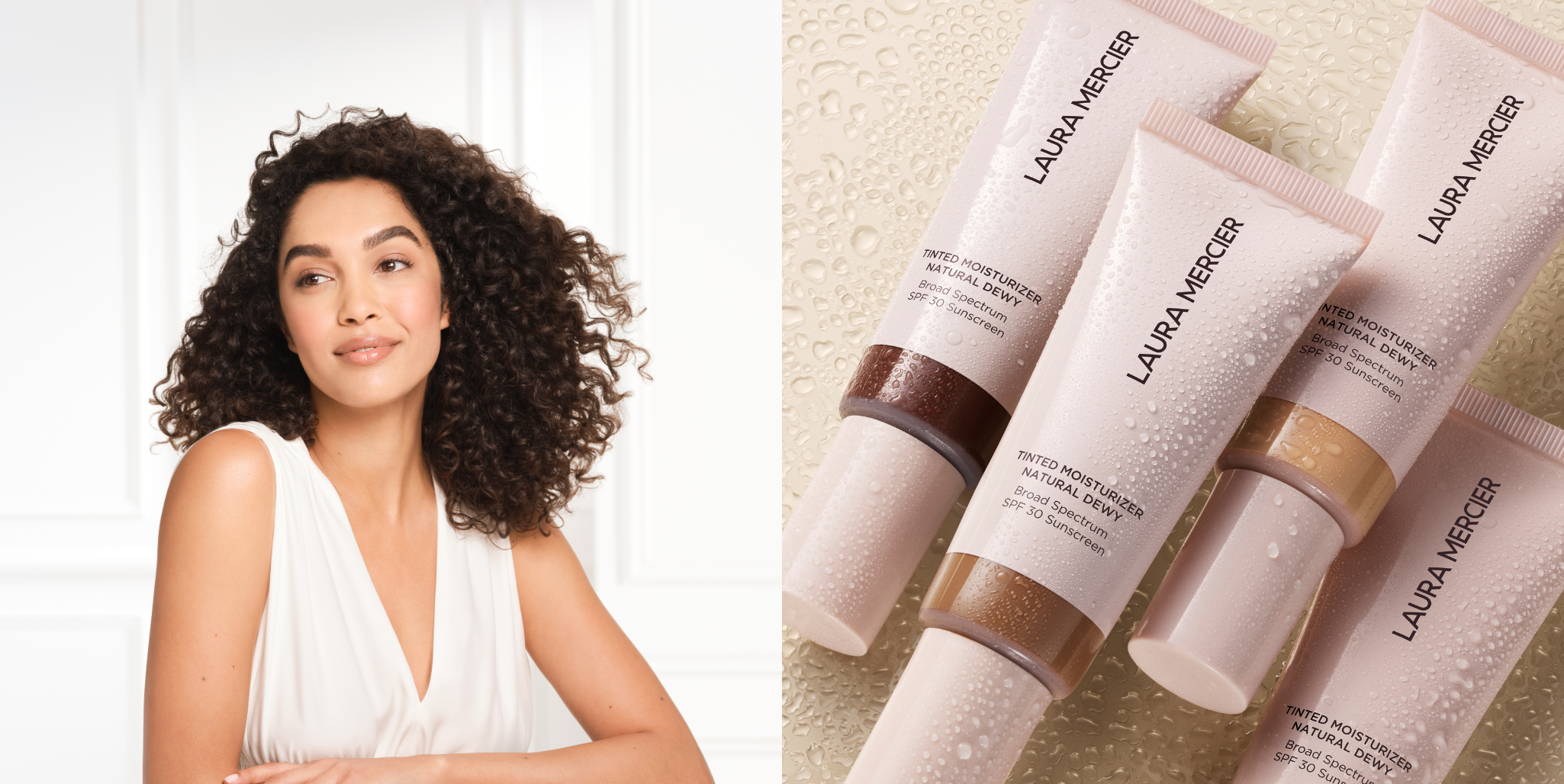 Medium toned model next to image of Laura Mercier Tinted Moisturizer Natural Dewy